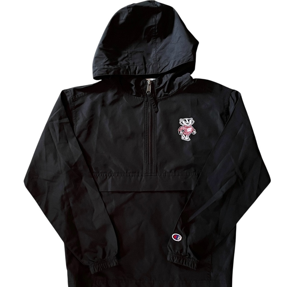 Champion Wisconsin Badgers Bucky Badger Black Windbreaker Jacket Youth Kids M